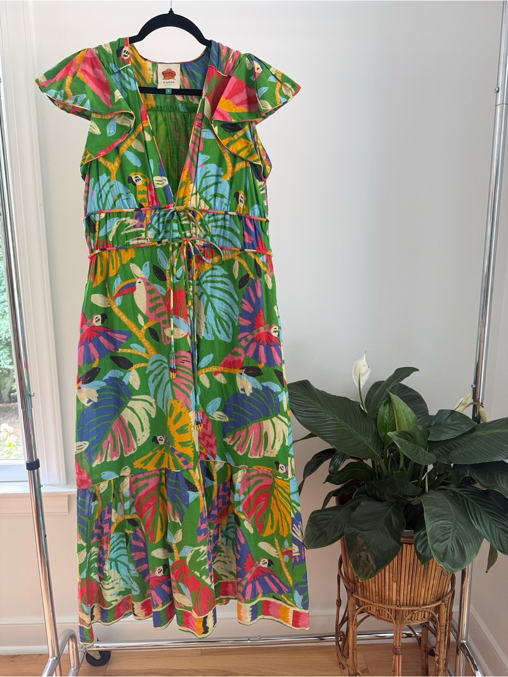 Farm Rio Forest Birds Green Tropical Midi Dress / gently used - Picture 3 of 3